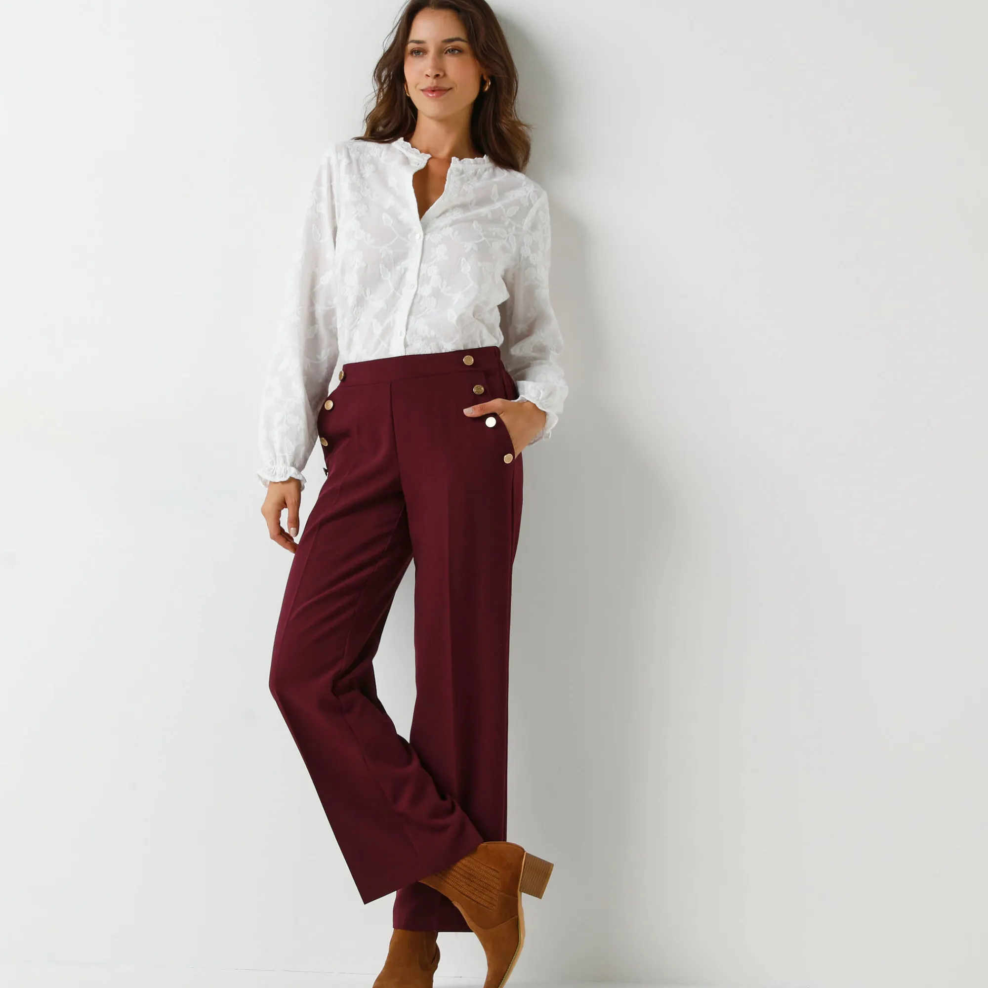 Feestoutfits Dames|Broek<Blancheporte Soepele broek met knooppandeffect wijnrood