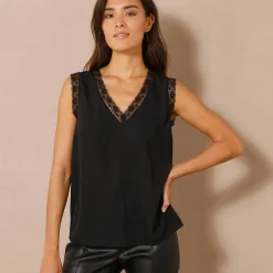 Feestoutfits Dames|Bloes En Tuniek<Blancheporte Soepele caraco met V-hals en kant, crêpe van gerecycleerd polyester** zwart