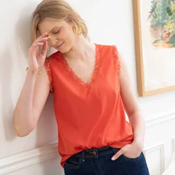 Bloes En Tuniek<Blancheporte Soepele caraco met V-hals en kant, crêpe van gerecycleerd polyester** paprika