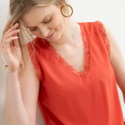 Bloes En Tuniek<Blancheporte Soepele caraco met V-hals en kant, crêpe van gerecycleerd polyester** paprika