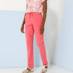 Broek<Blancheporte Soepele, nauwsluitende broek, linnen-katoen roze