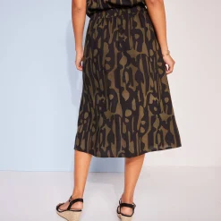 Rok<Blancheporte Soepele rok met knoopsluiting en grafische print, viscose kaki / zwart