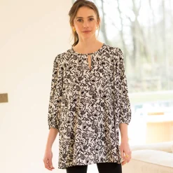Bloes En Tuniek<Blancheporte Soepele tuniek met bloemenprint, 3/4-mouwen ecru / zwart