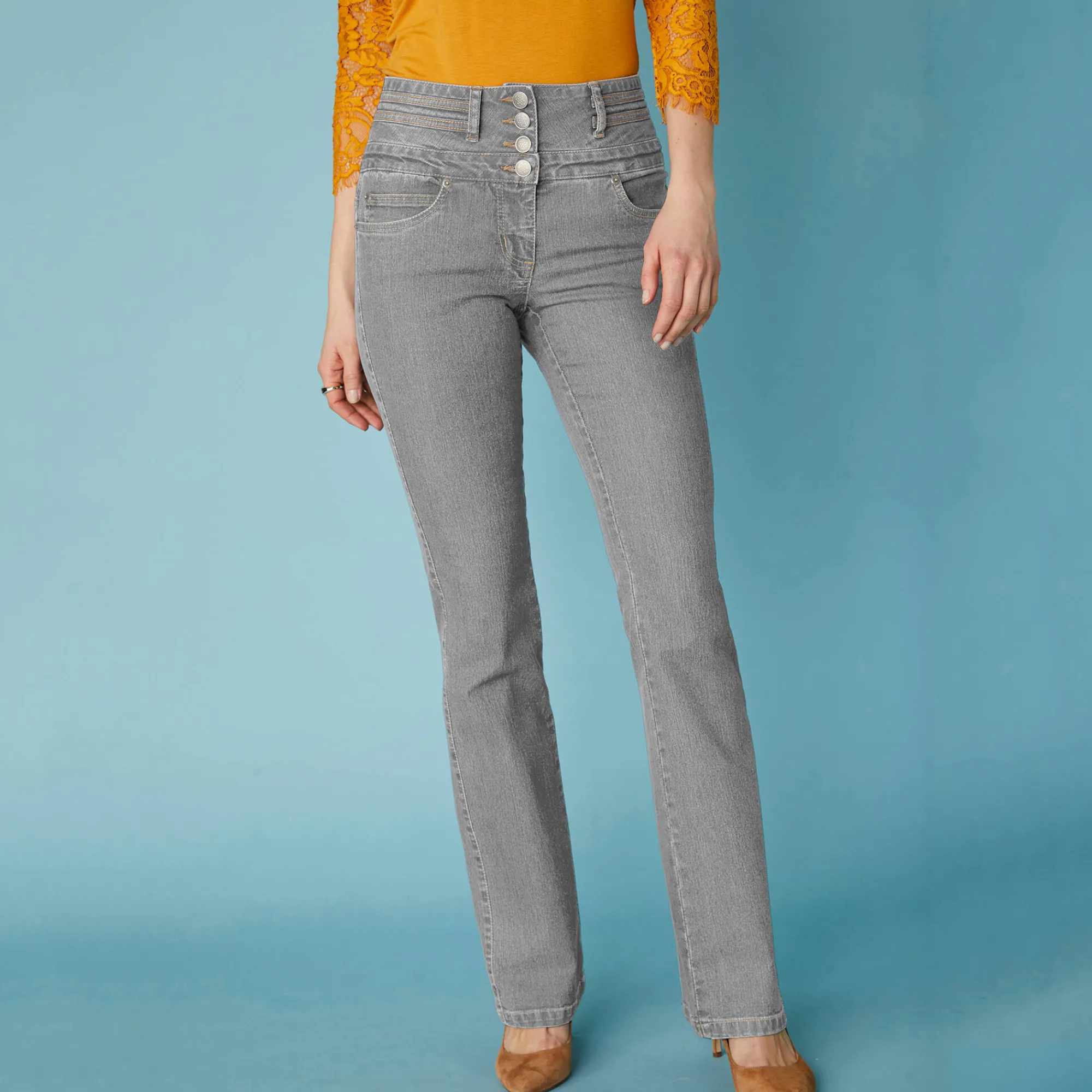 Jeans|Broek<Blancheporte Stretchjeans in bootcutmodel met hoge taille - binnenpijplengte 78 cm grijs