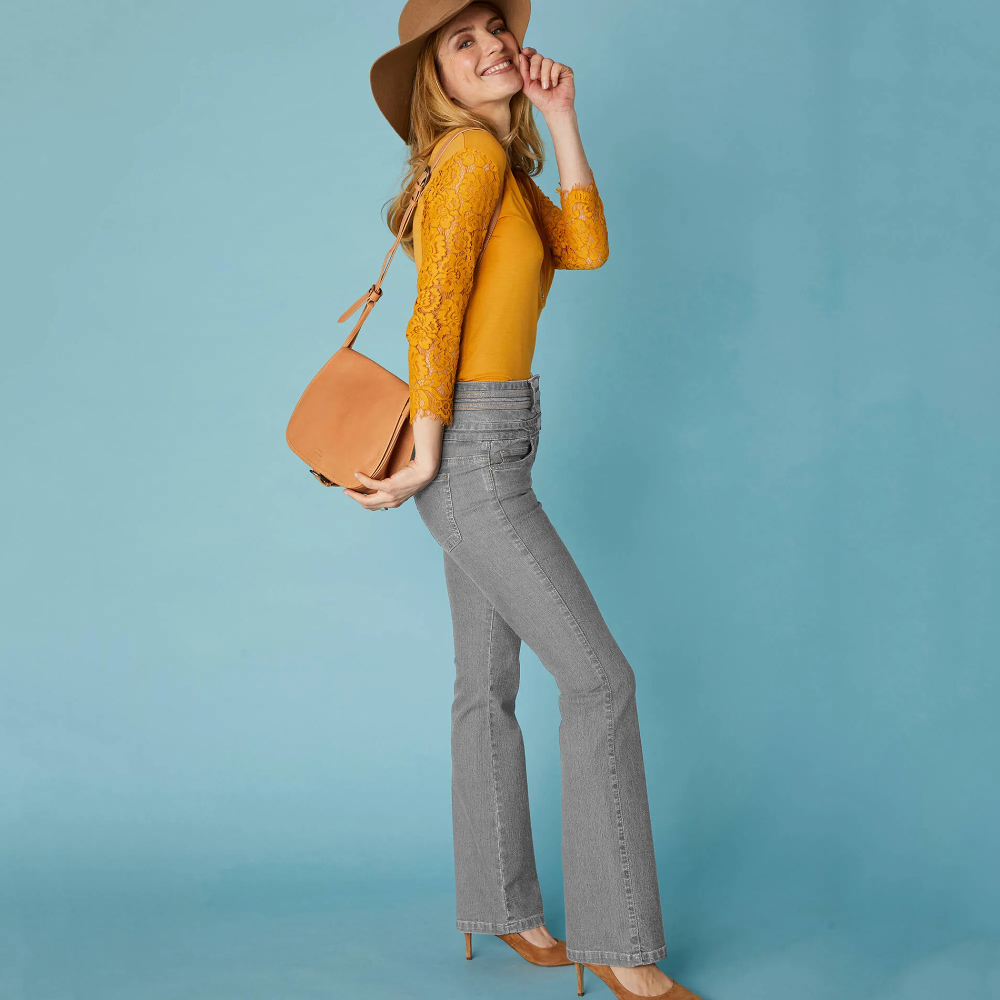 Jeans|Broek<Blancheporte Stretchjeans in bootcutmodel met hoge taille - binnenpijplengte 78 cm grijs