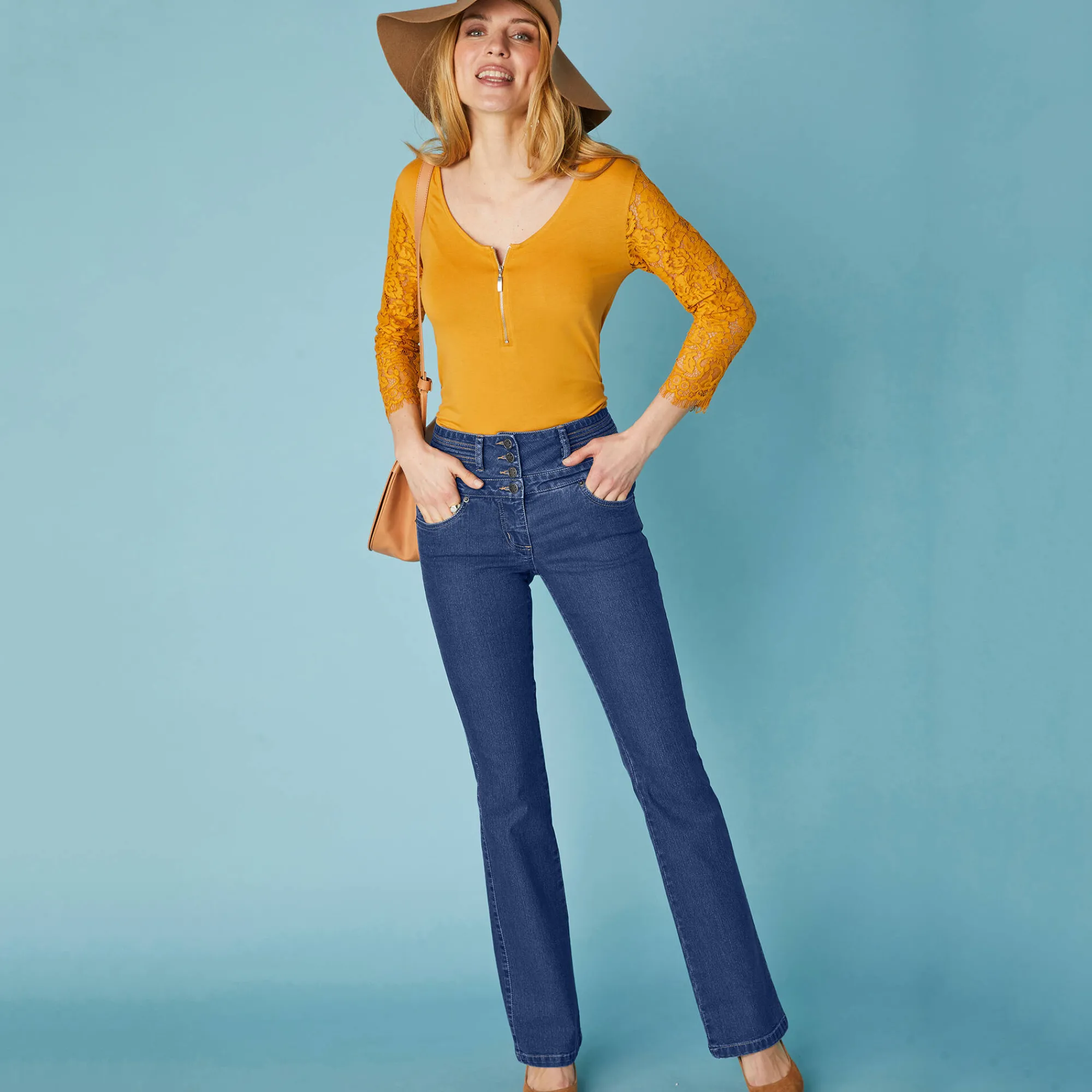 Jeans|Broek<Blancheporte Stretchjeans in bootcutmodel met hoge taille - binnenpijplengte 78 cm raw
