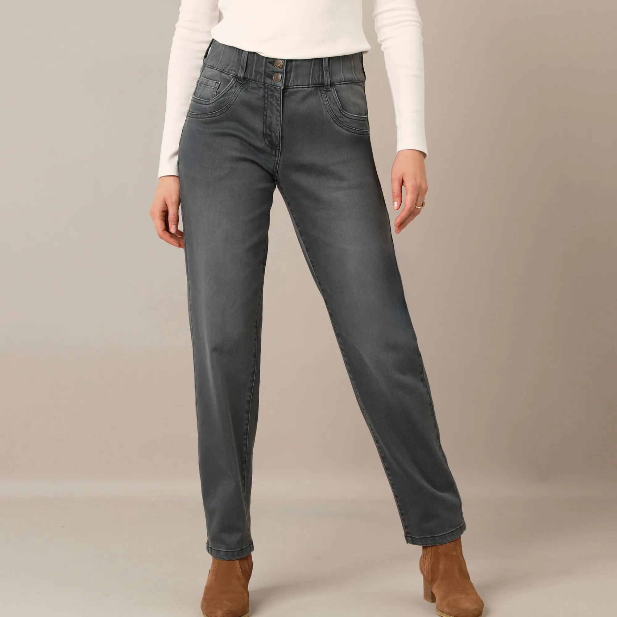 Jeans|Broek<Blancheporte Stretchjeans 'mom' model met elastische taille donkergrijs