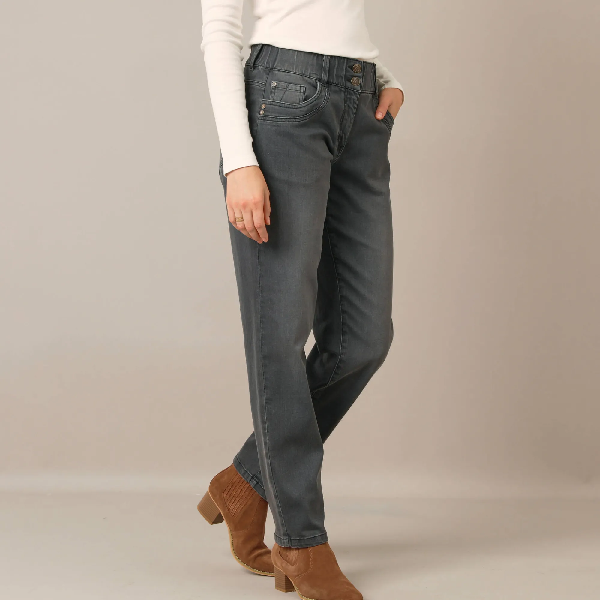 Jeans|Broek<Blancheporte Stretchjeans 'mom' model met elastische taille donkergrijs