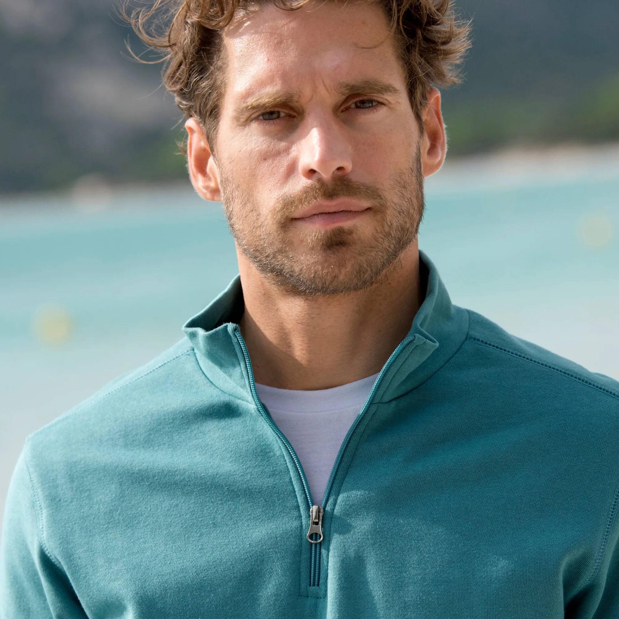 Sweater|Trui En Vest<Blancheporte Sweater in molton met truckerskraag groenblauw