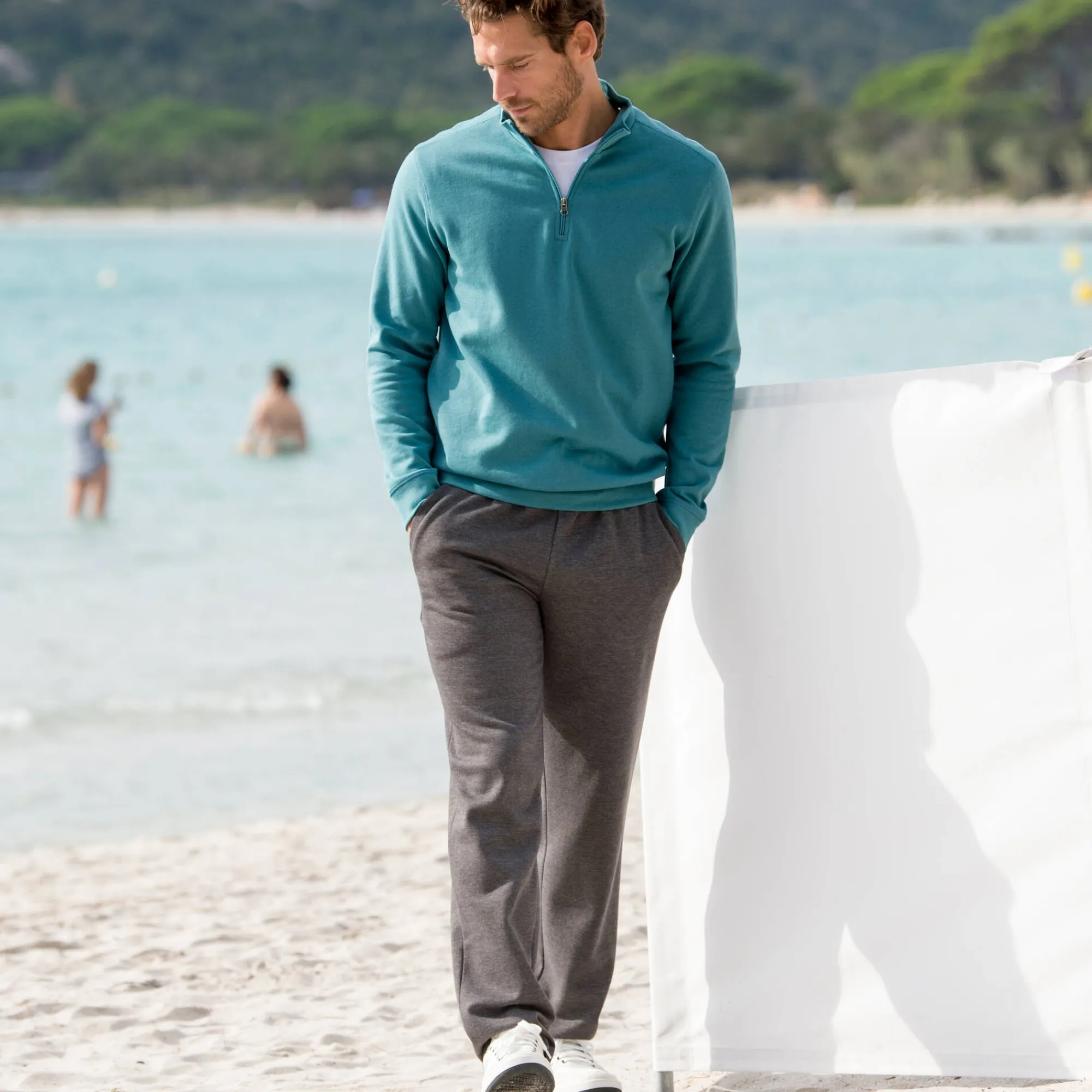Sweater|Trui En Vest<Blancheporte Sweater in molton met truckerskraag groenblauw