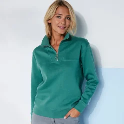 Trui En Vest<Blancheporte Sweater met opstaande ritskraag in geruwd molton smaragdgroen
