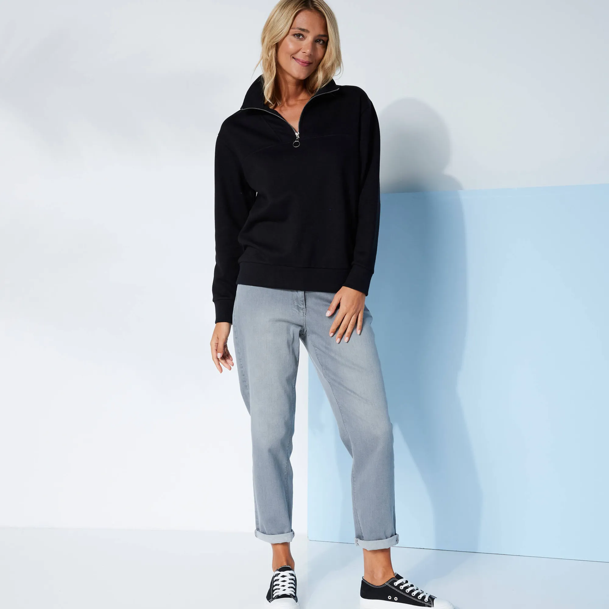 Trui En Vest<Blancheporte Sweater met opstaande ritskraag in geruwd molton zwart