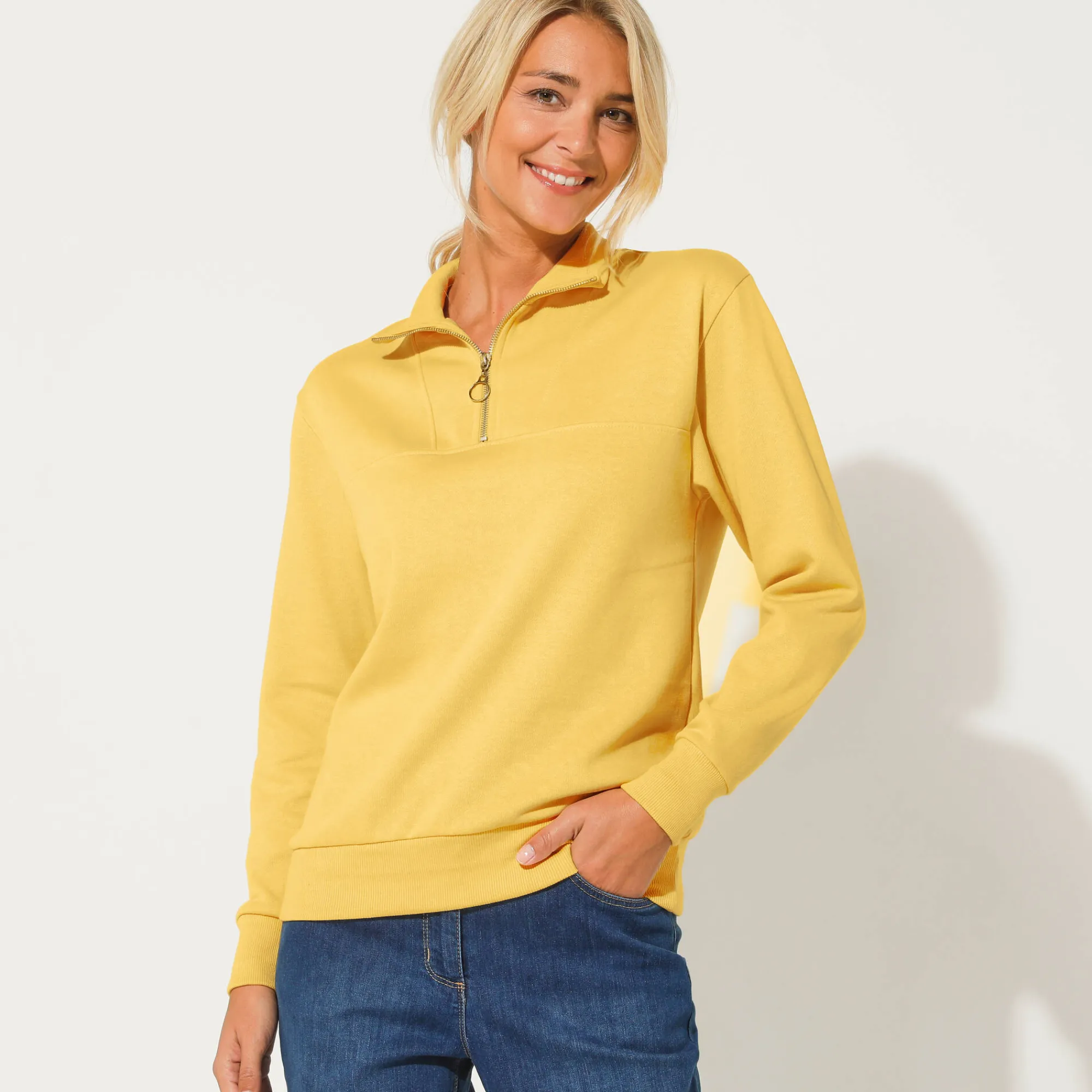 Trui En Vest<Blancheporte Sweater met opstaande ritskraag in geruwd molton lichtgeel