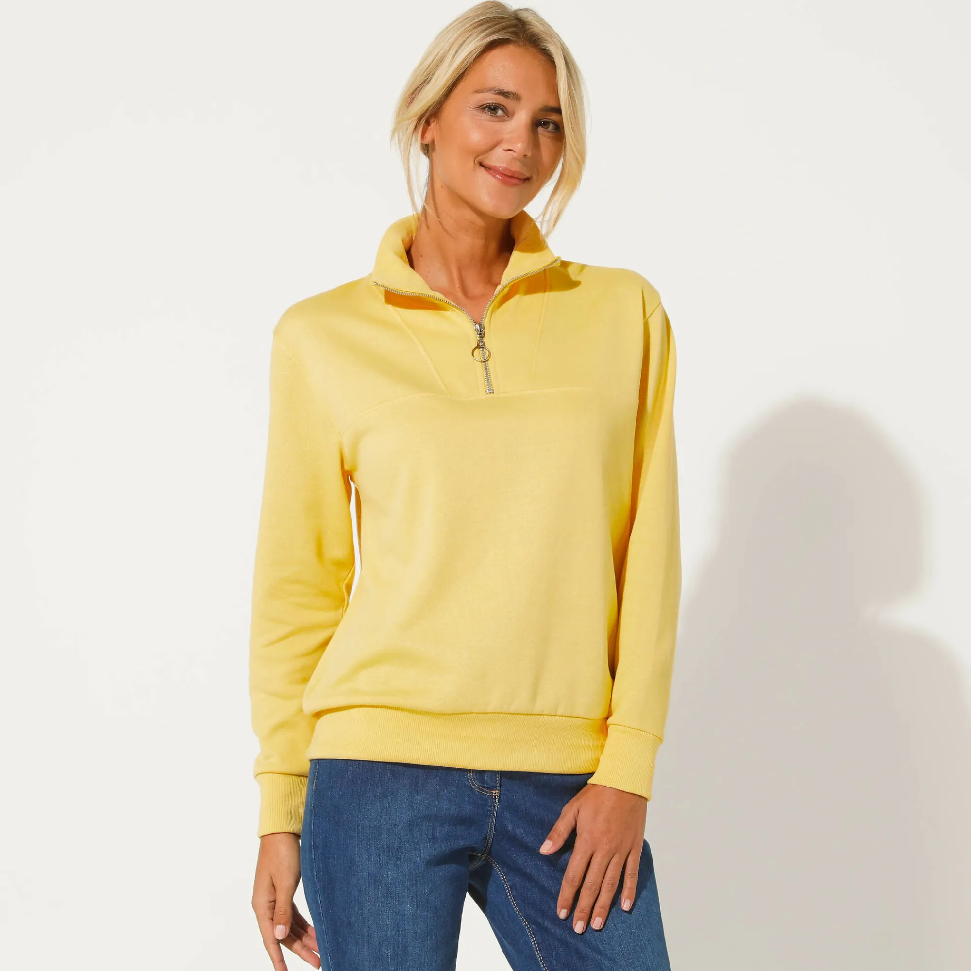 Trui En Vest<Blancheporte Sweater met opstaande ritskraag in geruwd molton lichtgeel