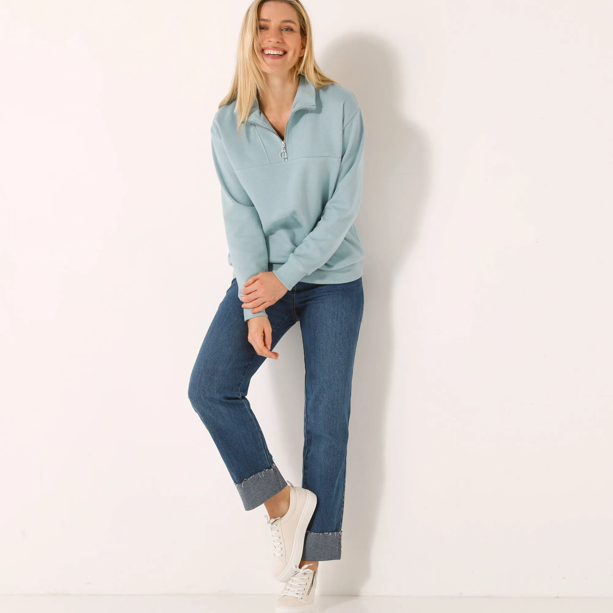 Trui En Vest<Blancheporte Sweater met opstaande ritskraag in geruwd molton grijsblauw