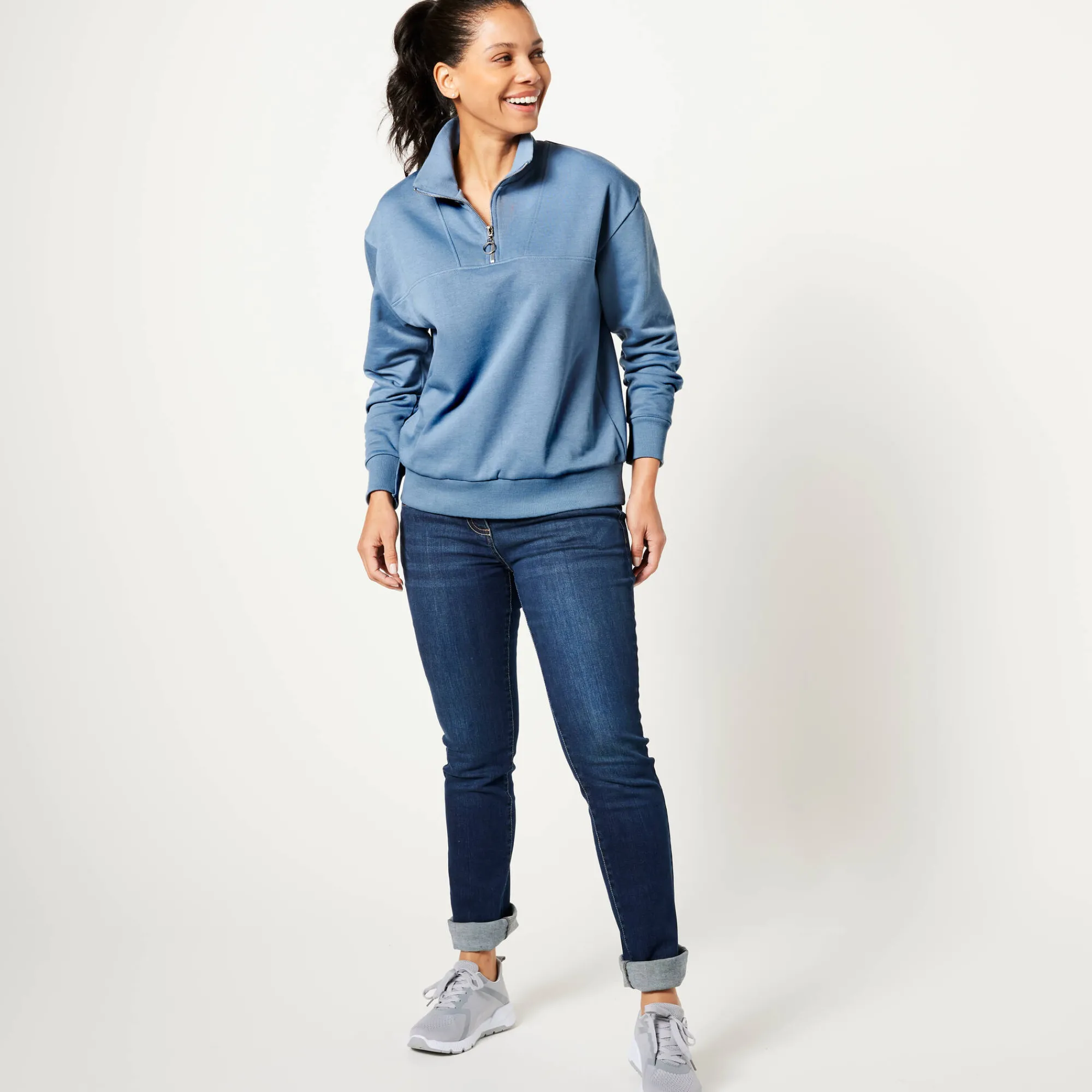 Trui En Vest<Blancheporte Sweater met opstaande ritskraag in geruwd molton jeansblauw