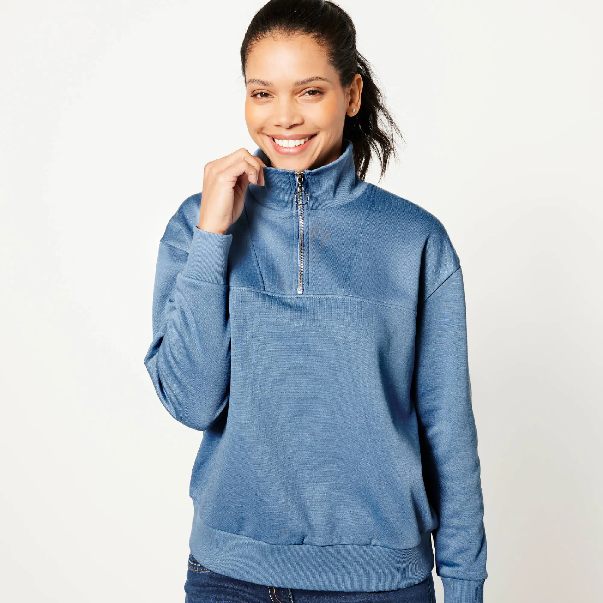 Trui En Vest<Blancheporte Sweater met opstaande ritskraag in geruwd molton jeansblauw