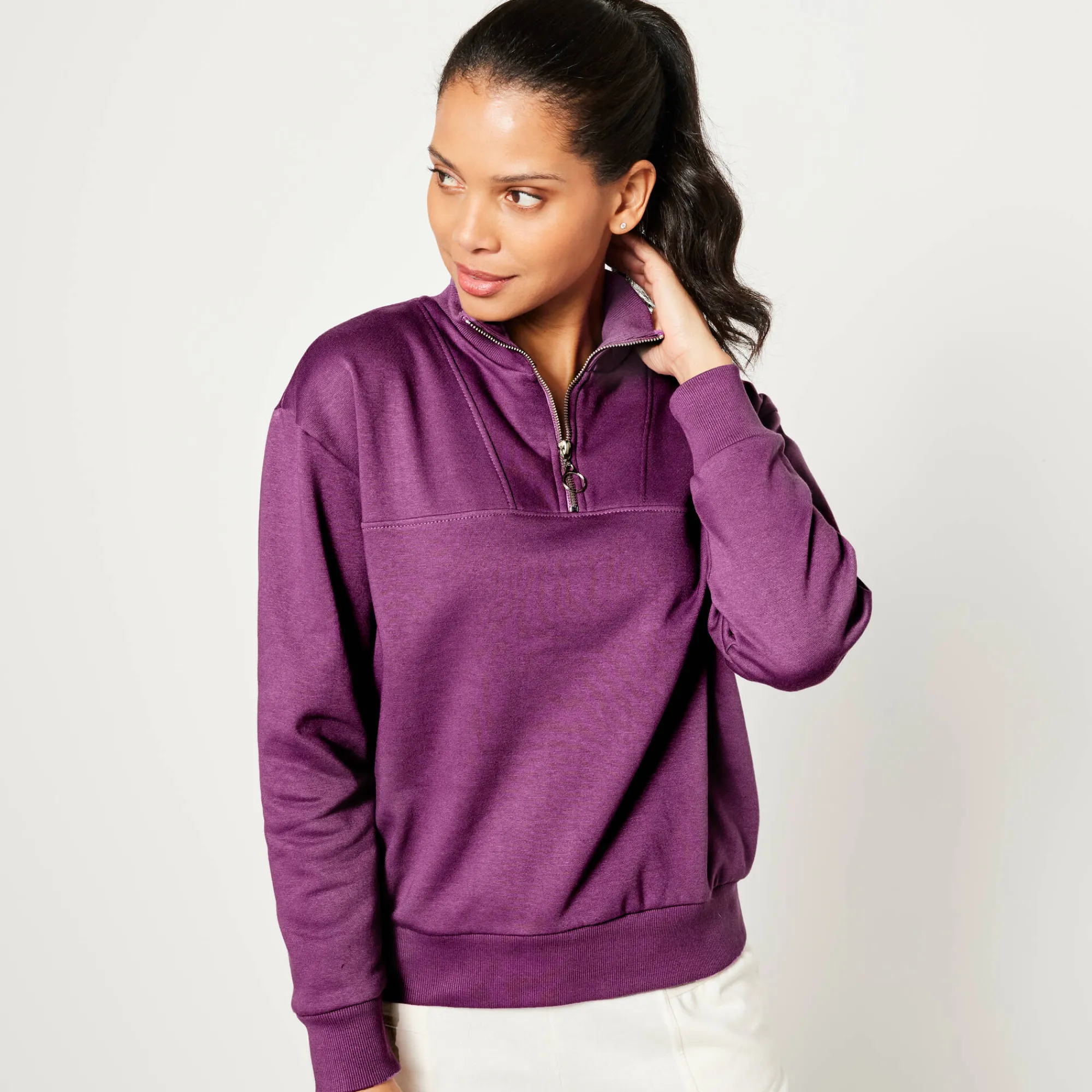 Trui En Vest<Blancheporte Sweater met opstaande ritskraag in geruwd molton paarsrood