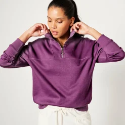 Trui En Vest<Blancheporte Sweater met opstaande ritskraag in geruwd molton paarsrood