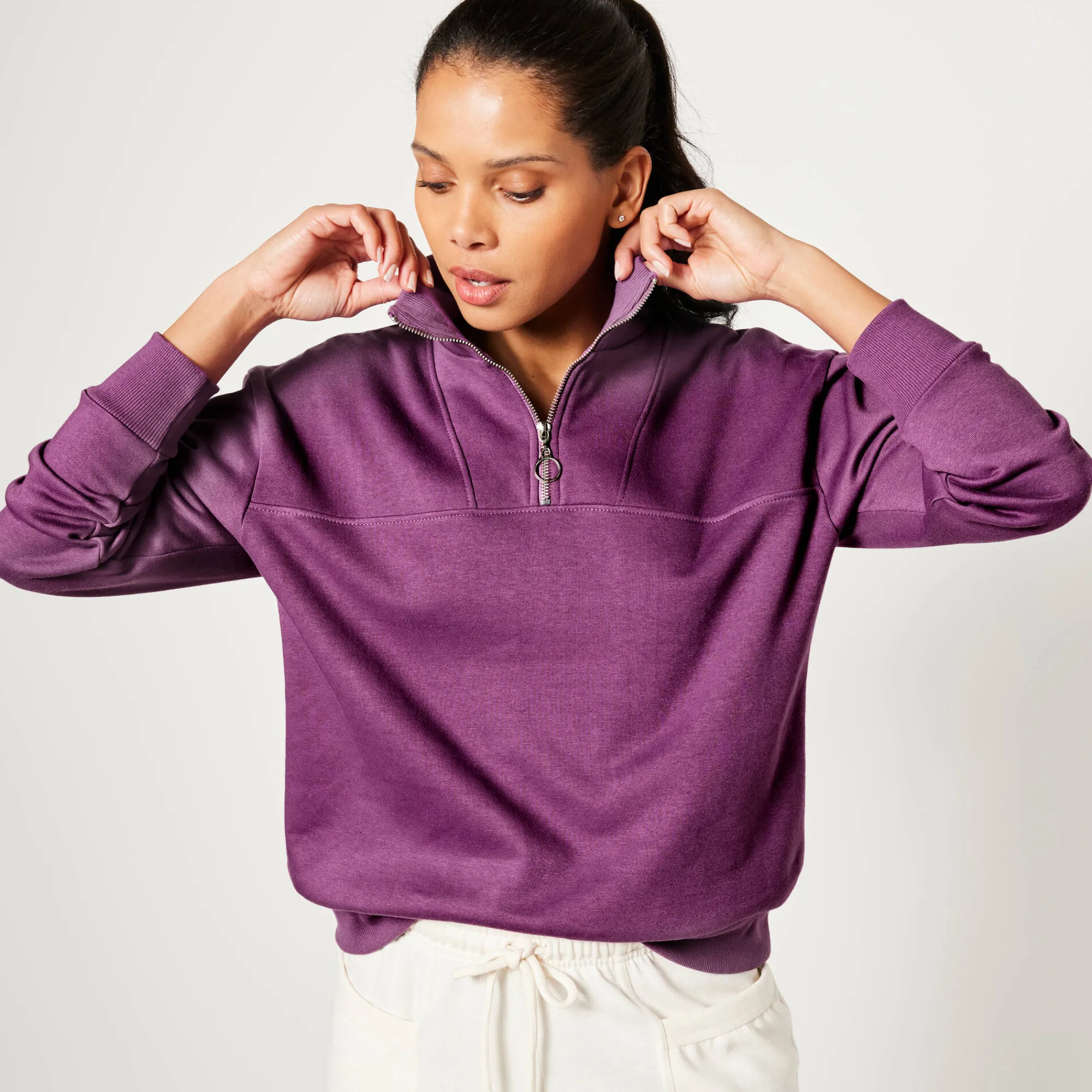 Trui En Vest<Blancheporte Sweater met opstaande ritskraag in geruwd molton paarsrood