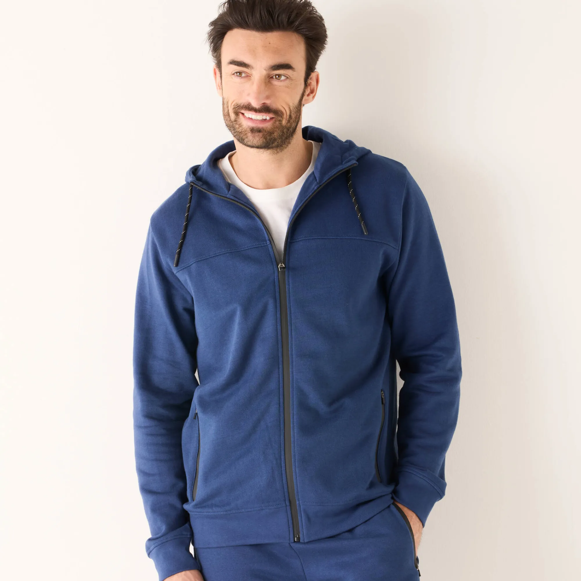Sweater|Trui En Vest<Blancheporte Sweater met rits en kap, in geruwd molton, met contrasterende details denim blauw