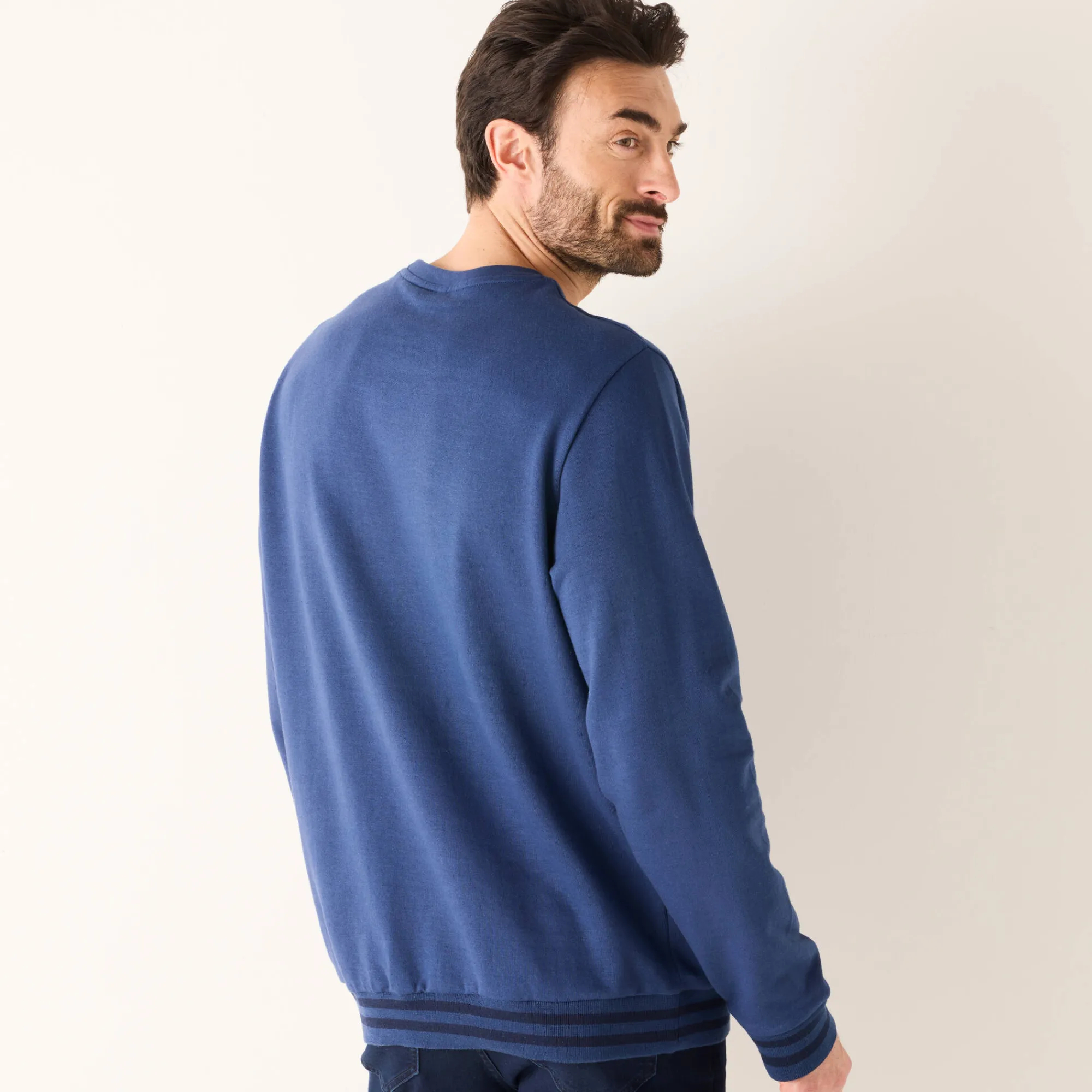 Sweater|Trui En Vest<Blancheporte Sweater met ronde hals, in geruwd molton, met contrasterende streepdetails denim blauw