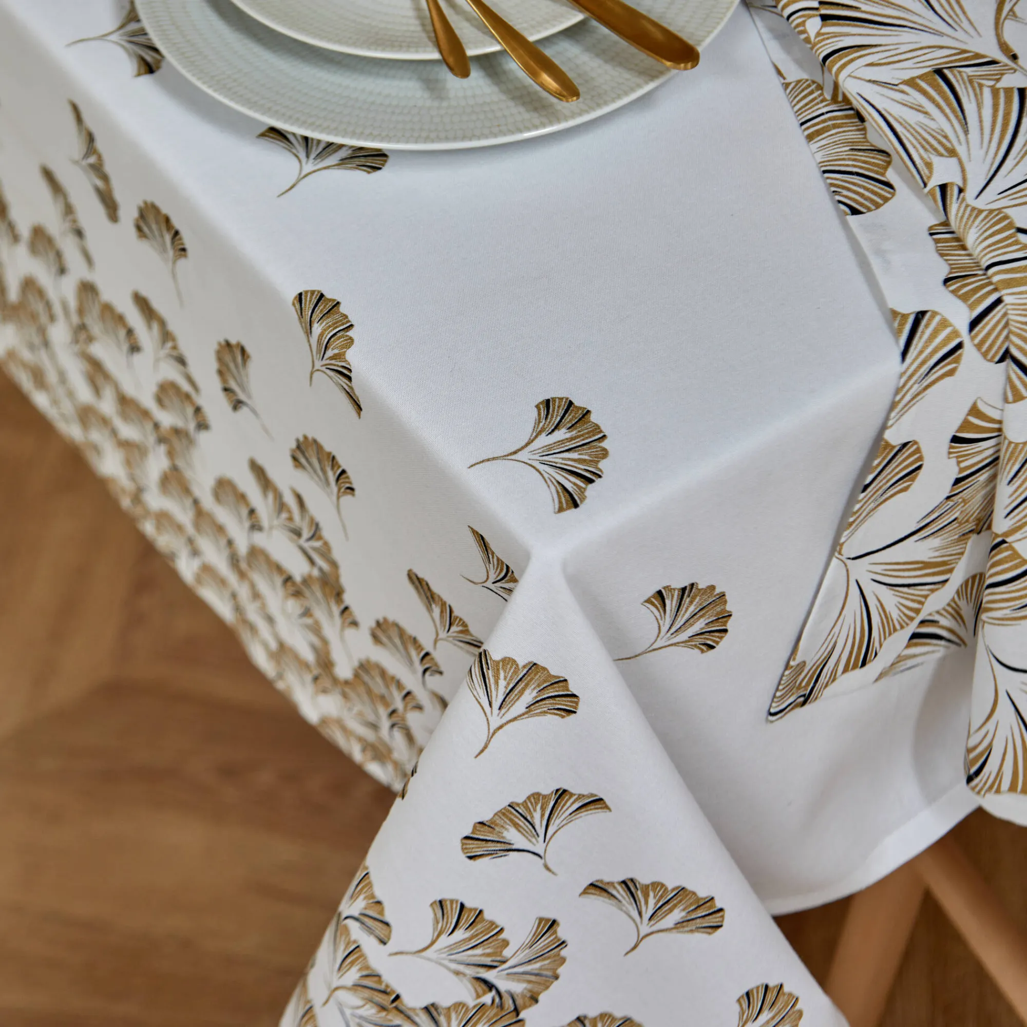 Feesttafel|Tafellaken En Tafelloper<Blancheporte Tafellaken in katoen, metallic gingkoprint wit / goudkleurig