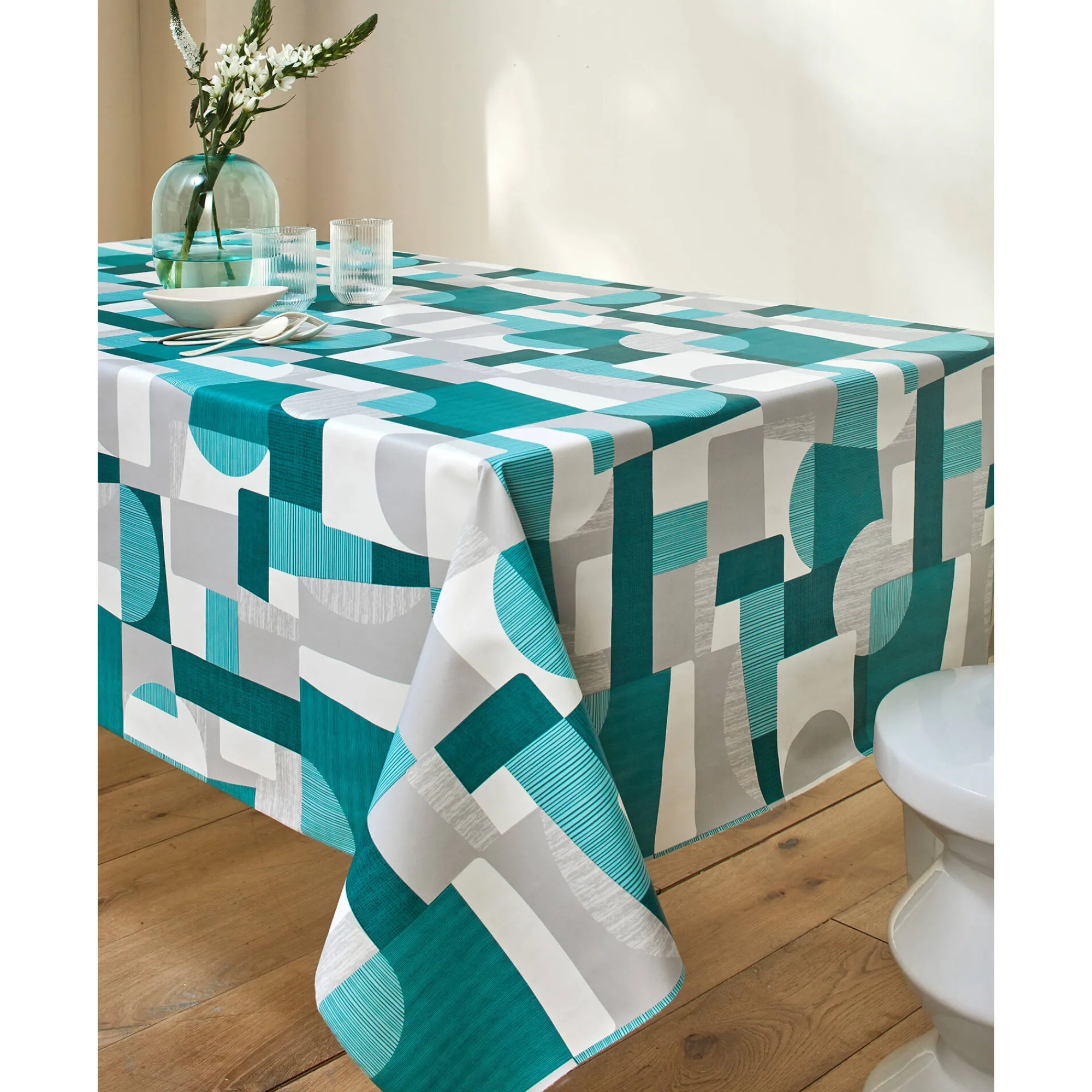 Tafelkleed<Blancheporte Tafellaken in toile cirée met duo patchwork print grijs / blauw