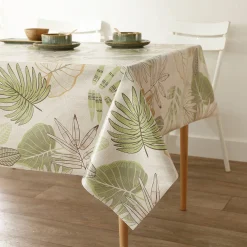 Tafelkleed<Blancheporte Tafellaken in toile cirée, met bladerenprint groen / beige