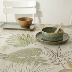 Tafelkleed<Blancheporte Tafellaken in toile cirée, met bladerenprint groen / beige