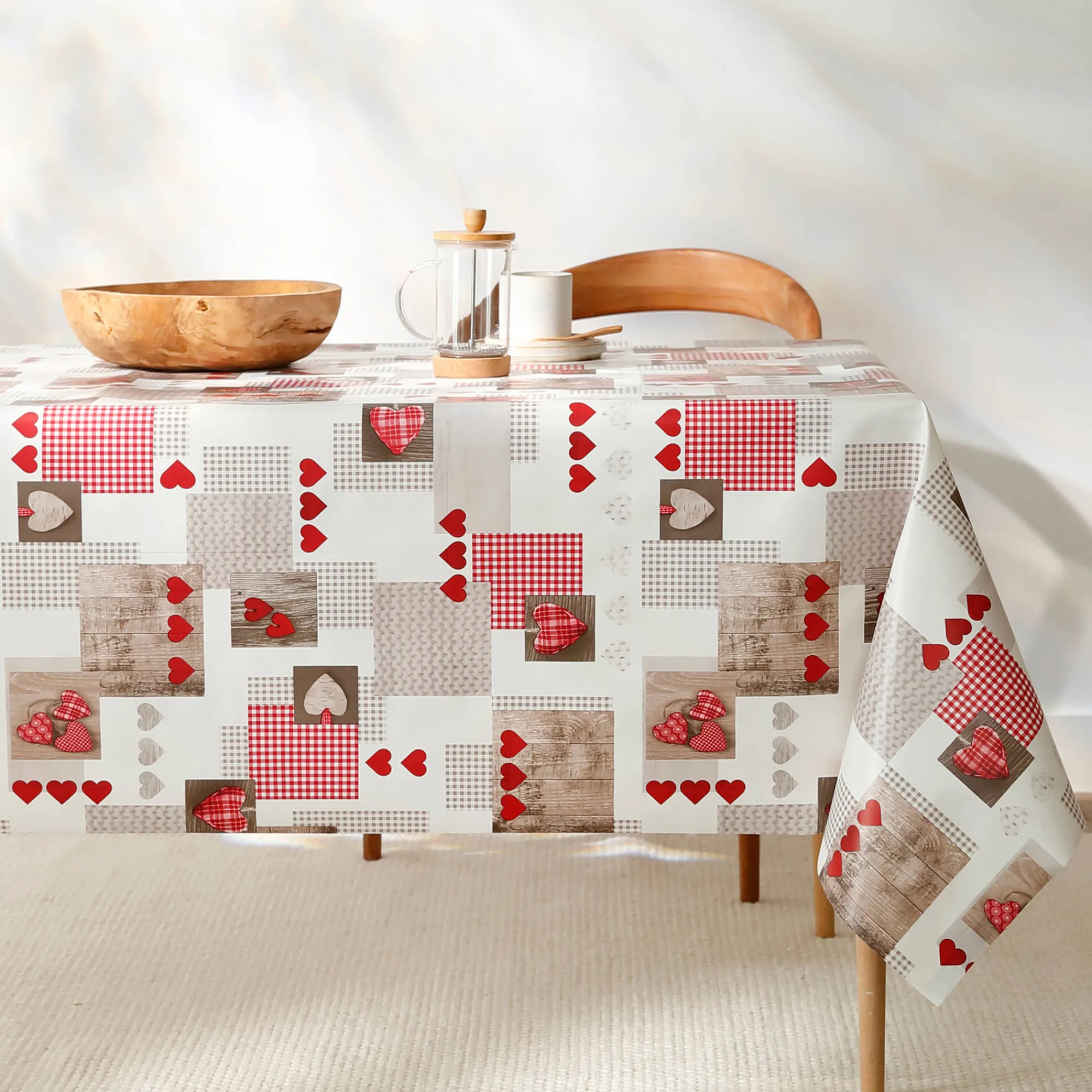 Tafelkleed<Blancheporte Tafellaken in toile cirée, hartjesmoteiven Berneix rood