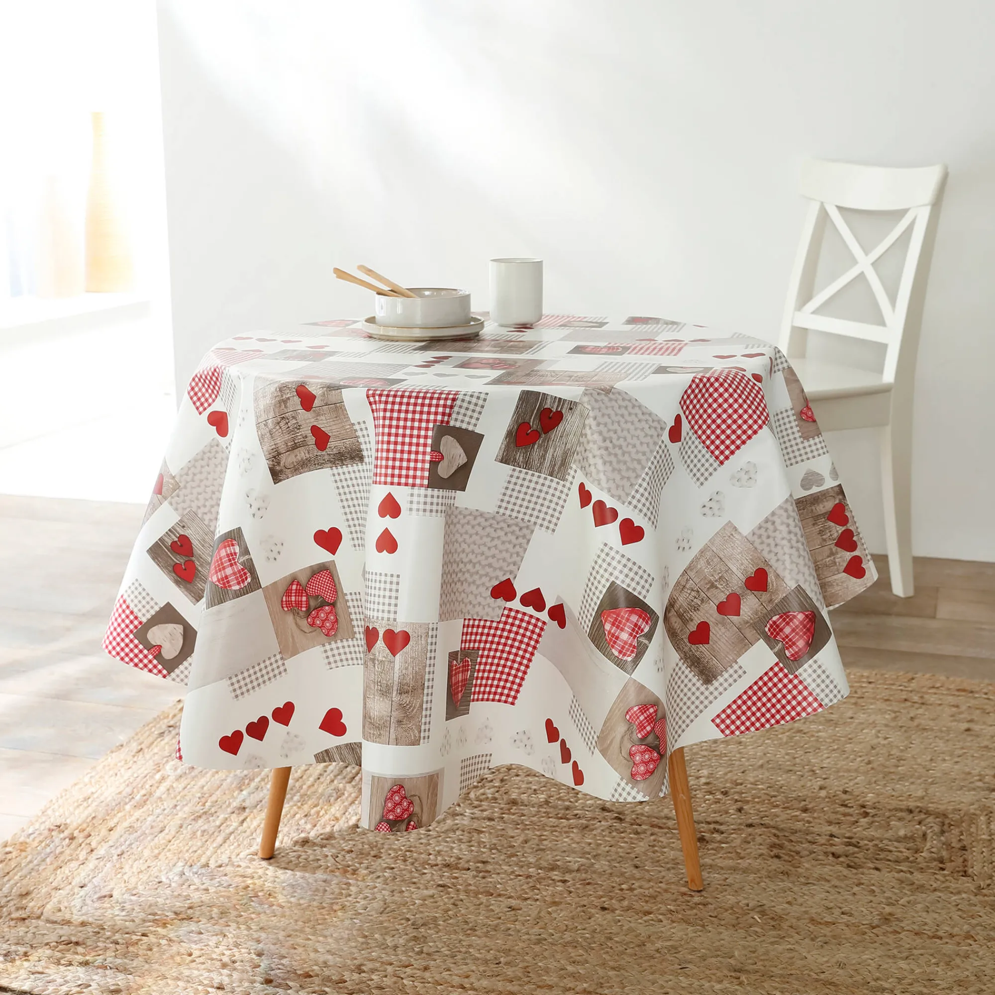 Tafelkleed<Blancheporte Tafellaken in toile cirée, hartjesmoteiven Berneix rood