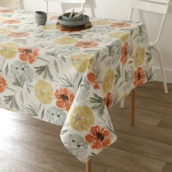 Tafelkleed<Blancheporte Tafellaken in toile cirée met grote bloemenprint geel / koraal