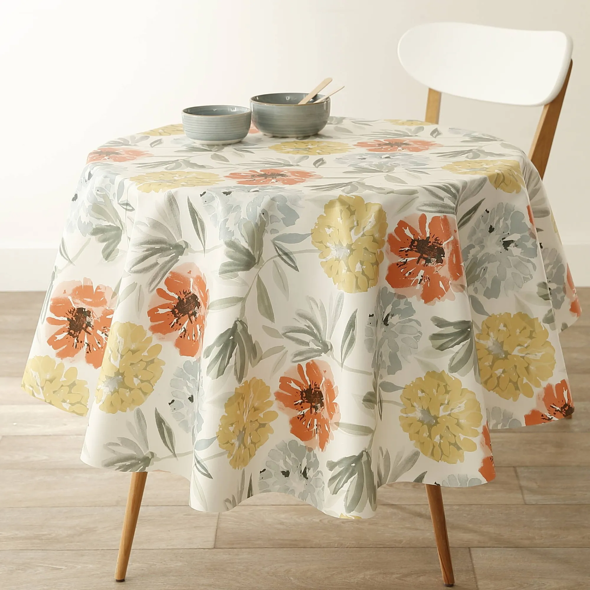 Tafelkleed<Blancheporte Tafellaken in toile cirée met grote bloemenprint geel / koraal