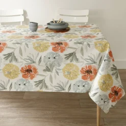 Tafelkleed<Blancheporte Tafellaken in toile cirée met grote bloemenprint geel / koraal