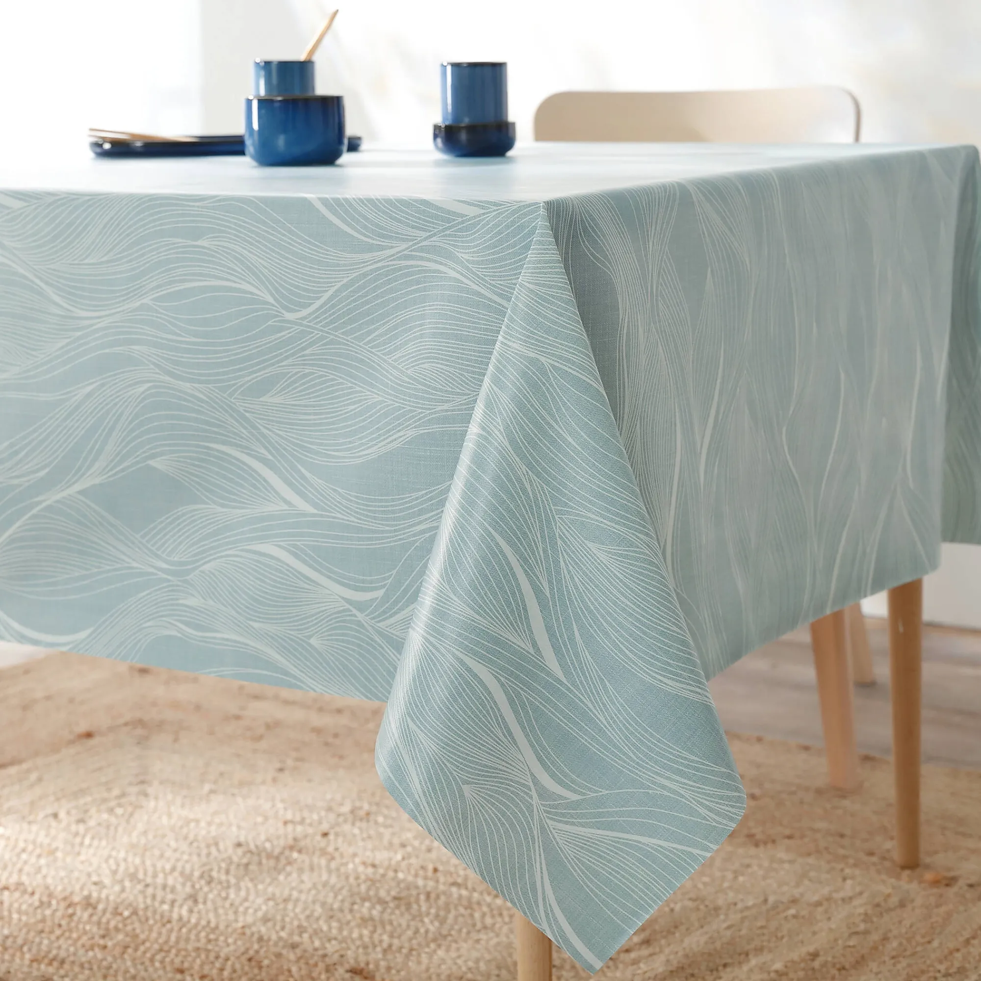 Tafelkleed<Blancheporte Tafellaken in toile cirée met golvenprint blauw