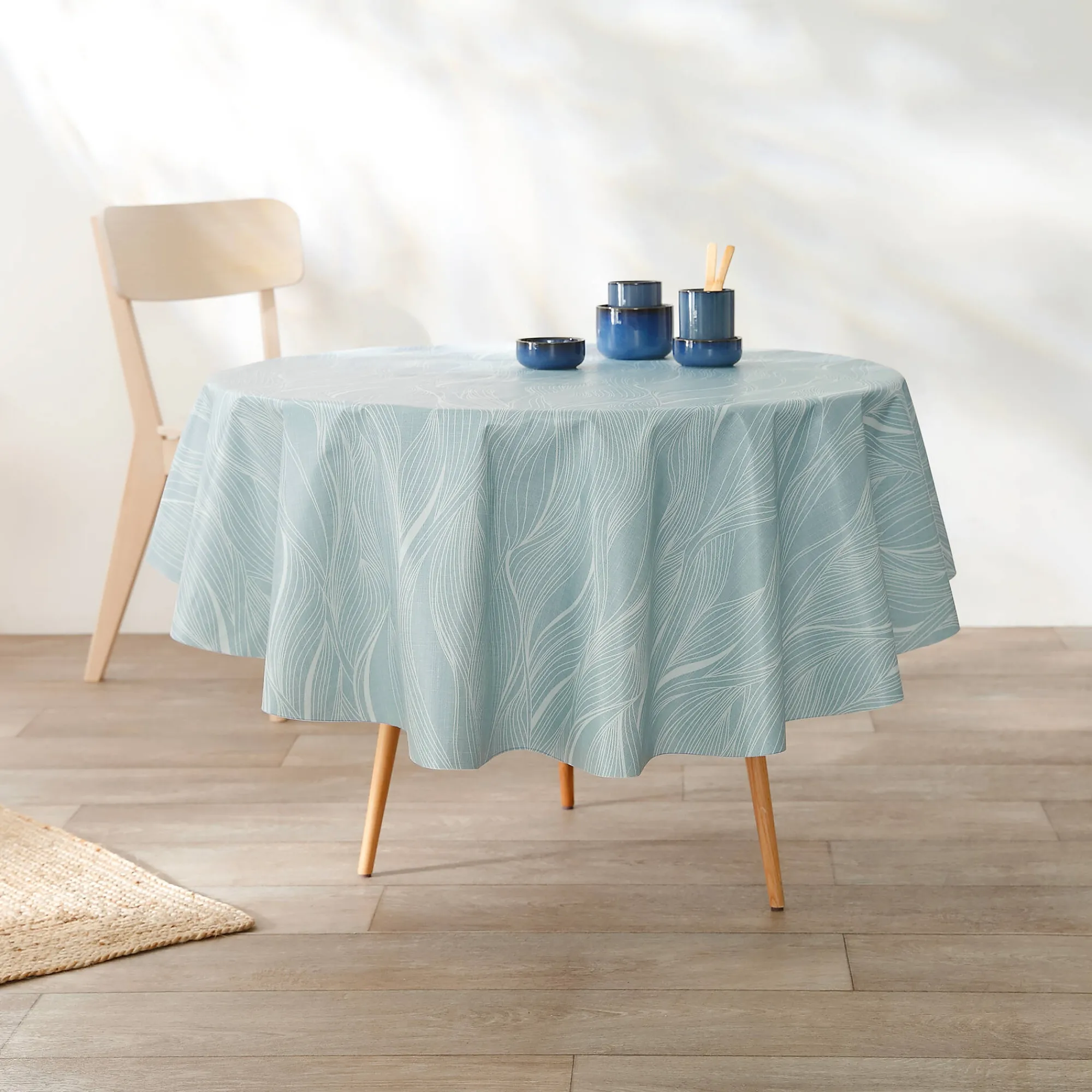 Tafelkleed<Blancheporte Tafellaken in toile cirée met golvenprint blauw