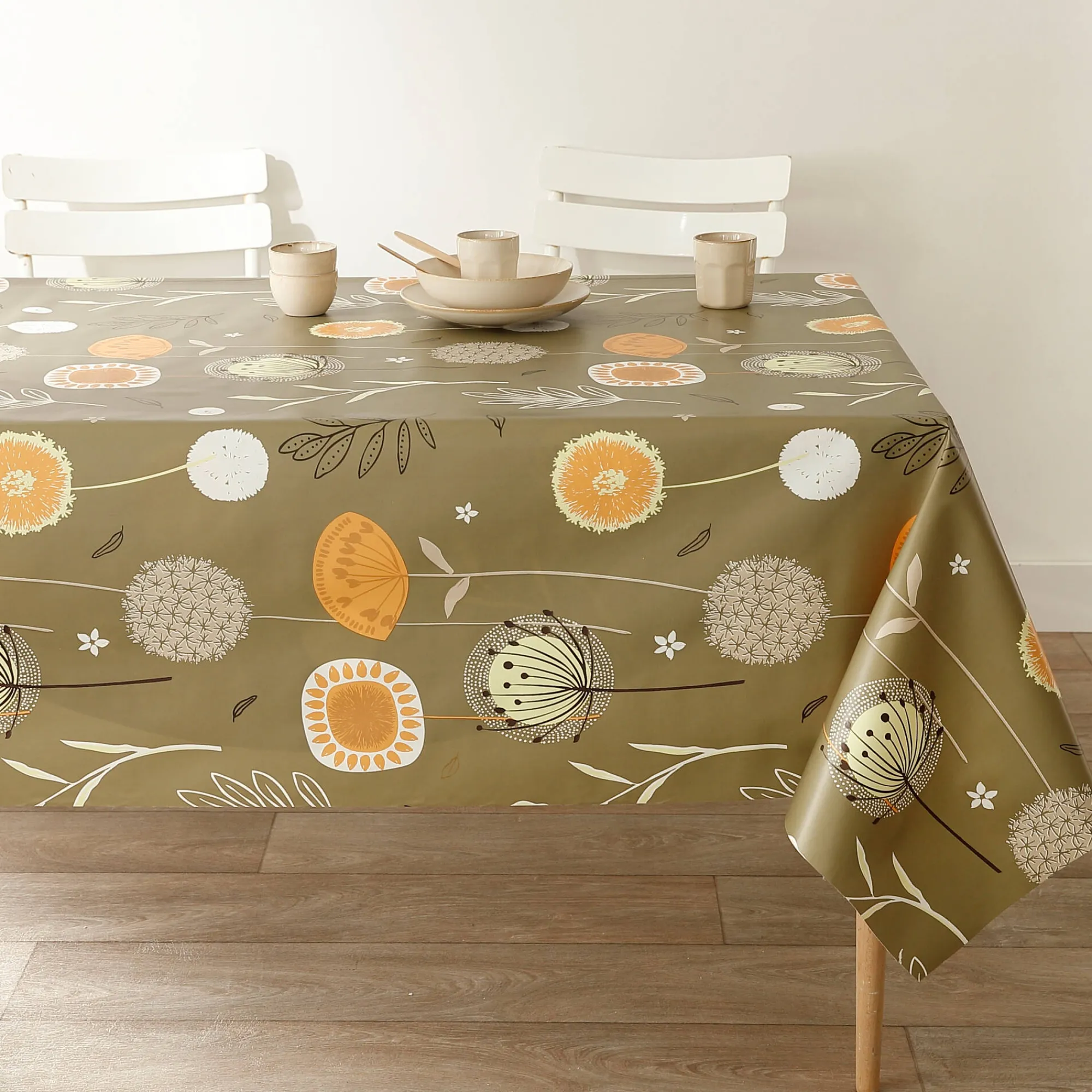Tafelkleed<Blancheporte Tafellaken in toile cirée met paardenbloemmotief groen