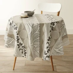 Tafelkleed<Blancheporte Tafellaken in toile cirée met bladeren- en tafellopereffect taupe / wit