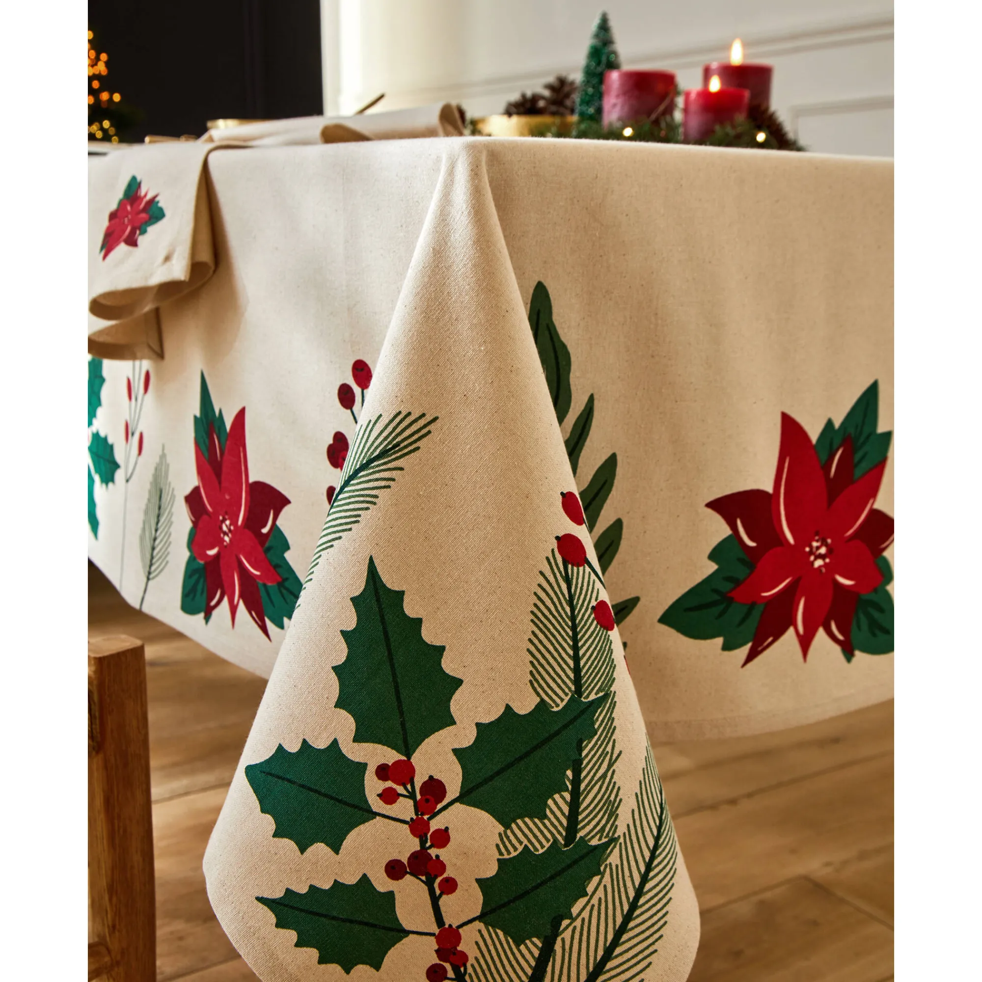 Feesttafel|Tafellaken En Tafelloper<Blancheporte Tafellaken met hulst- en poinsettiaprint naturel / rood