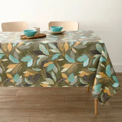 Tafelkleed<Blancheporte Tafelzeil met bladerenprint bruin / turkoois