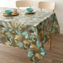 Tafelkleed<Blancheporte Tafelzeil met bladerenprint bruin / turkoois