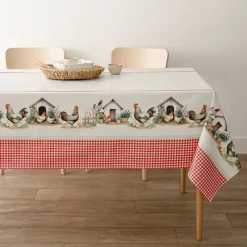 Tafelkleed<Blancheporte Tafelzeil met kippenmotief beige / rood