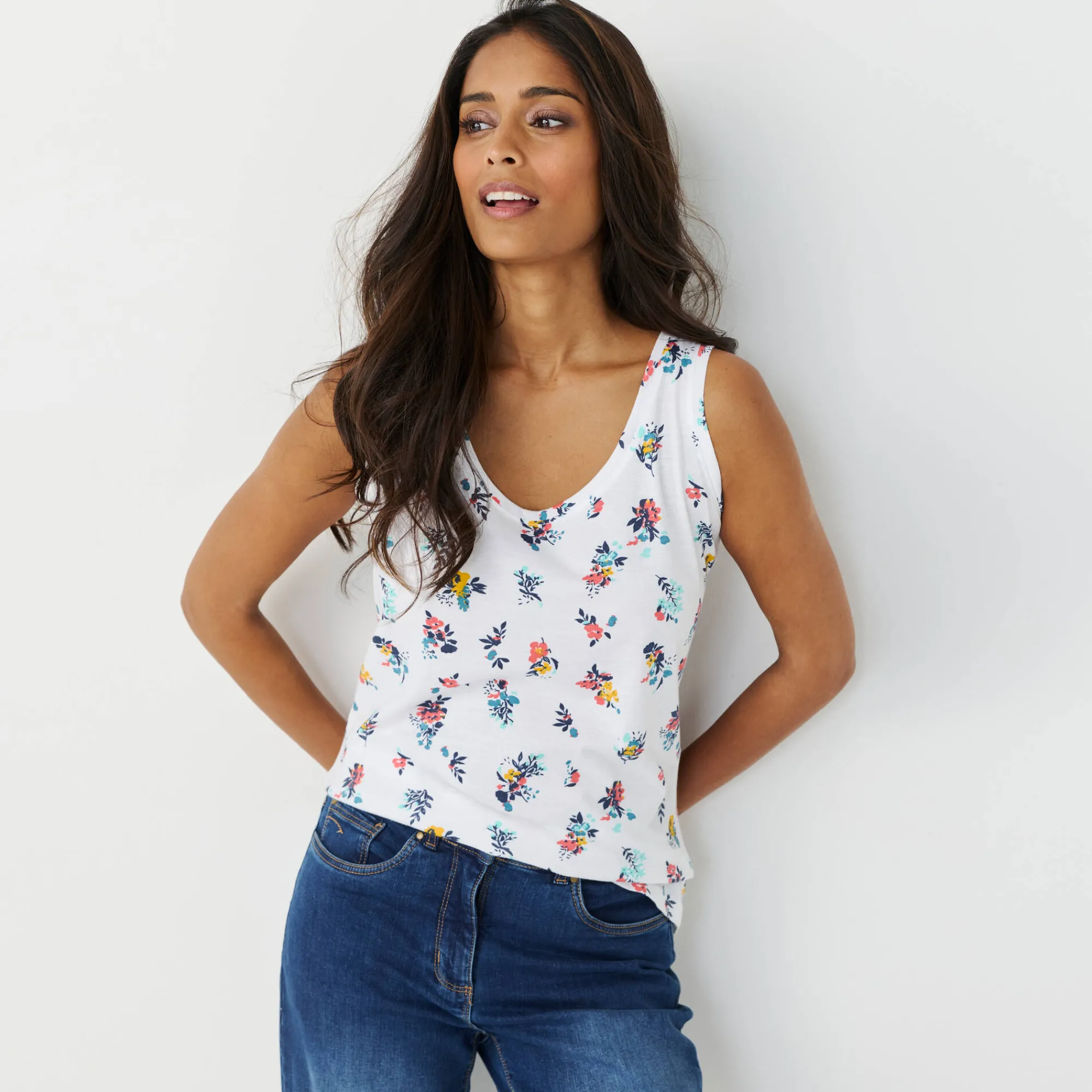 T-Shirt En Topje<Blancheporte Topje in katoen met brede bandjes, bloemenprint wit