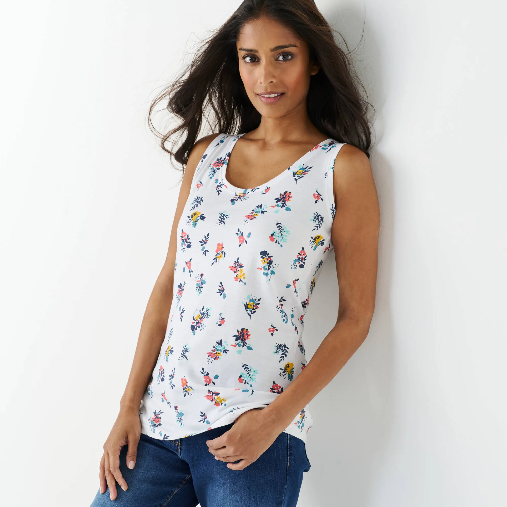 T-Shirt En Topje<Blancheporte Topje in katoen met brede bandjes, bloemenprint wit