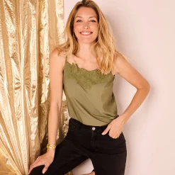 Feestoutfits Dames|Bloes En Tuniek<Lora Zellini Topje met borduursel en verstelbare bandjes kaki