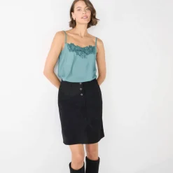 Feestoutfits Dames|Bloes En Tuniek<Lora Zellini Topje met borduursel en verstelbare bandjes grijsgroen