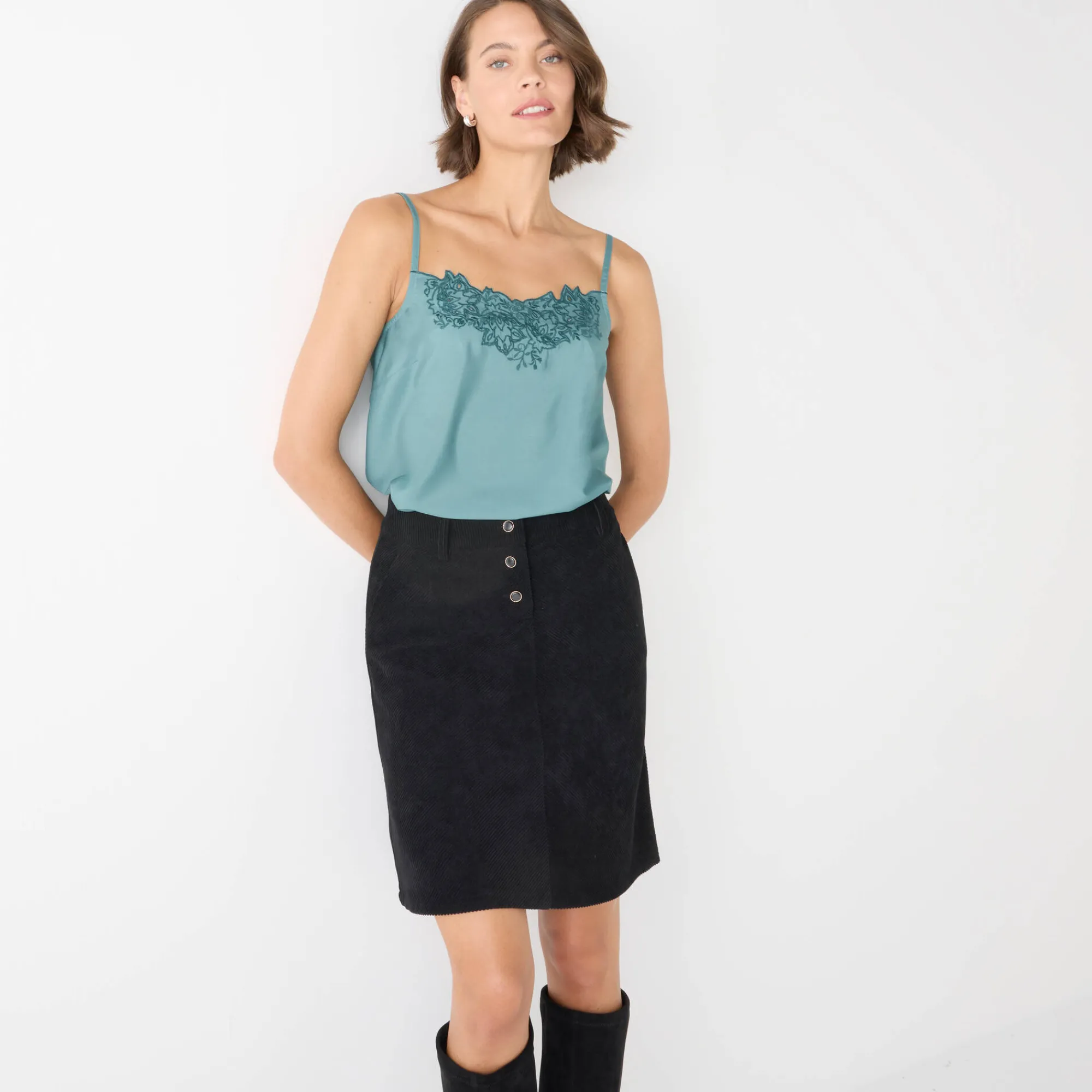 Feestoutfits Dames|Bloes En Tuniek<Lora Zellini Topje met borduursel en verstelbare bandjes grijsgroen