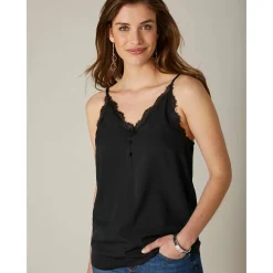 Feestoutfits Dames|Bloes En Tuniek<Blancheporte Topje met kant en knopen in crêpe zwart