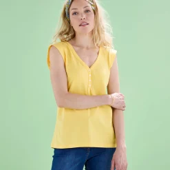 T-Shirt En Topje<Blancheporte Topje met V-hals, detail in broderie anglaise op de rug geel